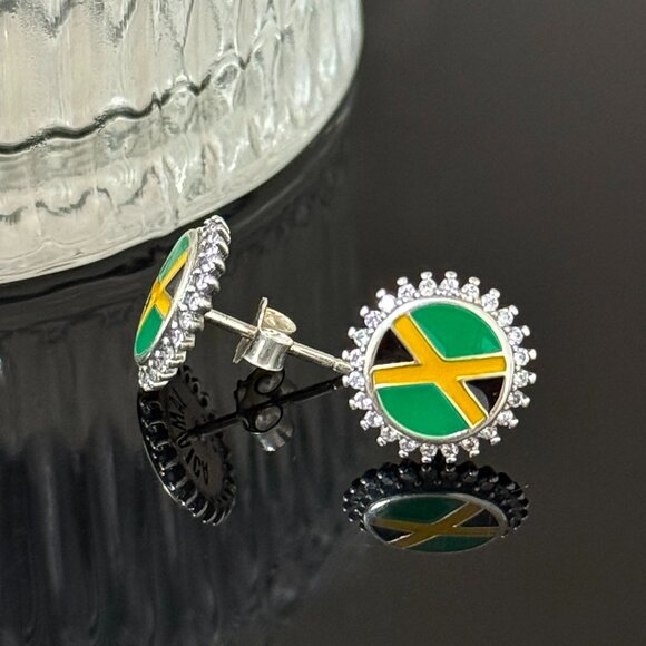 Jamaica Flag Bling Earrings S925 Sterling Silver Stud Earrings Handmade Ear stud - Picture 6 of 6
